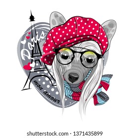 Pretty dog with glasses, red hat and knitted scarf. Vector illustration of dressed Chinese Crested with Eiffel Tower. 