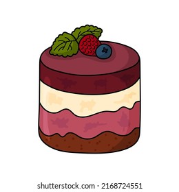 Pretty doodle cake. Design sketch element for menu cafe, bistro, restaurant, coffeehouse, bakery, label, poster, banner, flyer and packaging. Vector colorful illustration 