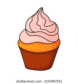 Pretty doodle cupcake. Design sketch element for menu cafe, bistro, restaurant, coffeehouse, bakery, label, poster, banner, flyer and packaging. Vector colorful illustration on a white background.