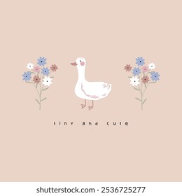 Pato bonito y dibujo de flores como Vector para los niños de la moda de impresión de la camiseta