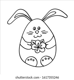 Pretty Easter Bunny with a flower in his paws. Vector illustration in Doodle style. Isolated object on a white background. Design element for children's books-dyes, textiles, posters.
