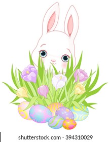 Pretty Easter bunny, flowers and eggs