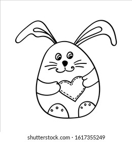 Pretty Easter Bunny with a heart in his paws. Vector illustration in Doodle style. Isolated object on a white background. Design element for children's books-dyes, textiles, posters.