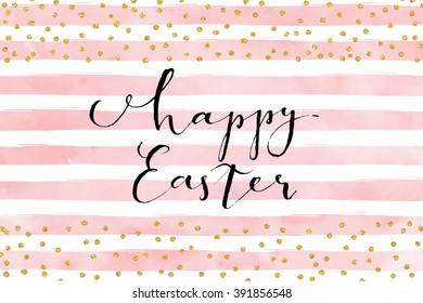 Pretty Easter card template. Gold glitter confetti on striped watercolor background. Vector illustration.