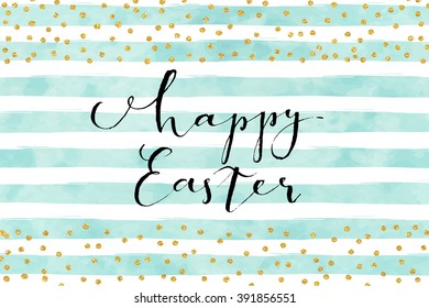 Pretty Easter card template. Gold glitter confetti on striped watercolor background. Vector illustration.