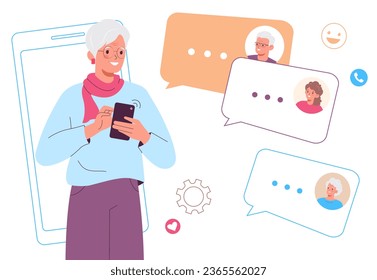 Pretty elderly woman with a smartphone chatting.  Mature woman is texting with her husband, daughter and girlfriend. Vector flat illustration.