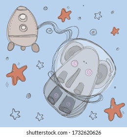 A pretty elefhant and space set, with a rocket,stars.Hand drawing vector cartoon scribble illustration.