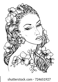 Pretty elegant boho girl with floral wreath made of orchid. Hand drawn amazing floral bohemia coloring book page for adult.