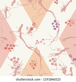 Pretty and elegant chinoiserie pattern of branches and blooms on a diamond shaped  background. Blush pink, peach, lilac and ivory. Weddings, textiles, fashion, stationery. Seamless vector pattern.