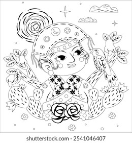 Pretty elegant comics girl with fashion floral wreath. Hand drawn amazing artwork. Love bohemia concept for wedding invitations, logo, label. Black, white. Coloring book page for adults, kids. 133