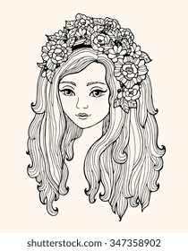 Pretty elegant comics girl with fashion wreath. Vector. Hand drawn amazing artwork. Love bohemia concept for wedding invitation, card, ticket, branding, boutique logo, label. Black, grey, beige color