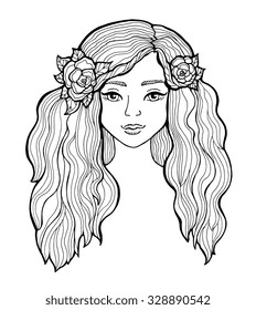 Pretty elegant girl with floral wreath. Vector. Hand drawn amazing floral artwork. Love bohemia concept for wedding invitation, card ticket, branding, boutique logo label. Coloring book page for adult