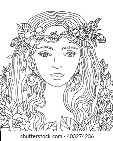 Pretty elegant girl, floral wreath. Coloring book page for adult. Vector artwork. Hand drawn girl portrait. Bohemia flower concept for wedding invitation, card, ticket, branding, boutique logo, label