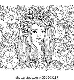 Pretty elegant girl with flower wreath. Vector. Coloring book page for adult. Hand drawn amazing artwork. Love bohemia concept for wedding invitation, card, ticket, branding, boutique logo, label. 