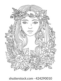 Pretty elegant girl with flower wreath. Coloring book page for adult. Vector artwork. Hand drawn amazing portrait. Love bohemia concept for wedding invitation card, ticket. Black and white