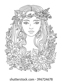 Pretty elegant girl with wreath. Coloring book page for adult. Vector artwork. Hand drawn amazing portrait. Love bohemia concept for wedding invitation, card, ticket, branding, boutique logo, label