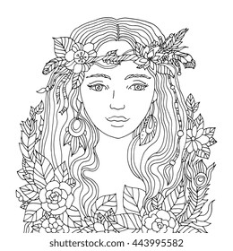 Pretty elegant girl with wreath. Coloring book page for adult. Vector artwork. Hand drawn amazing portrait. Love bohemia concept for wedding invitation, card, branding, boutique logo. Black and white