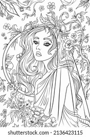 

Pretty elegant girl with wreath. Vector. Hand drawn amazing floral artwork. Love bohemia concept for wedding invitation, card, ticket, branding, boutique logo, label. Coloring book page for adult