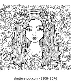 Pretty elegant girl with wreath. Vector. Hand drawn amazing floral artwork. Love bohemia concept for wedding invitation, card, ticket, branding, boutique logo, label. Coloring book page for adult