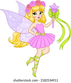 Pretty elf girl with magic wand. Vector illustration isolated