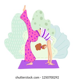 Pretty European girl doing yoga in park, woman in sport, healthy lifestyle, stylized vector illustration in trend colors