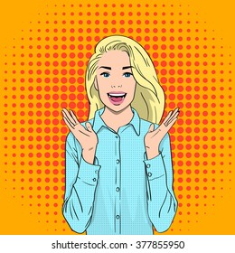 Pretty Excited Surprised Blonde Woman Happy Smile Pop Art Colorful Retro Style Vector Illustration