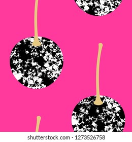 Pretty, exquisite textured cherries seamless pattern. Cherry with dry, grainy texture. On pink background.