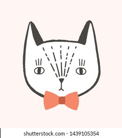 Pretty face or head of cat with elegant bow tie. Lovely cartoon muzzle of kitten wearing stylish accessory isolated on white background. Modern vector illustration in flat style for t-shirt print.