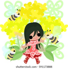 Pretty fairy and beautiful brassica and three bees