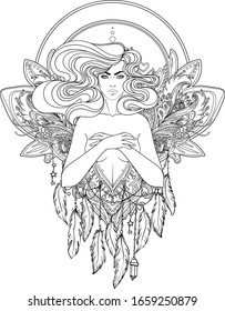 Pretty fairy elf. Portrait of young woman view with long hair. Pixie pagan princess. Vector isolated illustration. Fantasy, spirituality, occultism, tattoo. Art nouveau inspired. Sticker design.