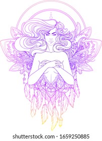 Pretty fairy elf. Portrait of young woman view with long hair. Pixie pagan princess. Vector isolated illustration. Fantasy, spirituality, occultism, tattoo. Art nouveau inspired. Sticker design.