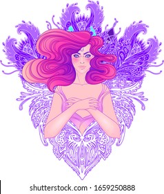 Pretty fairy elf. Portrait of young woman view with long hair. Pixie pagan princess. Vector isolated illustration. Fantasy, spirituality, occultism, tattoo. Art nouveau inspired. Sticker design.