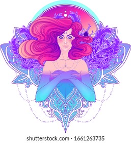 Pretty fairy elf. Portrait of young woman view with long hair. Pixie pagan princess. Vector isolated illustration. Fantasy, spirituality, occultism, tattoo. Art nouveau inspired. Sticker design.