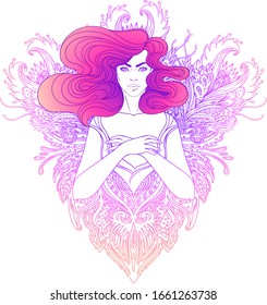 Pretty fairy elf. Portrait of young woman view with long hair. Pixie pagan princess. Vector isolated illustration. Fantasy, spirituality, occultism, tattoo. Art nouveau inspired. Sticker design.