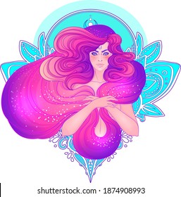 Pretty fairy elf. Portrait of young woman view with long hair. Pixie pagan princess. Vector isolated illustration. Fantasy, spirituality, occultism, tattoo. Art nouveau inspired. Sticker design.