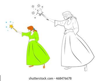 Pretty fairy in green dress creates magic with the help of a magic wand. Cartoon vector illustration