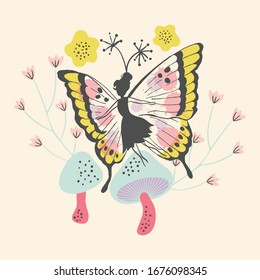 Pretty Fairy with Mushrooms Vector Isolated Element