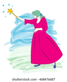 Pretty fairy in pink dress creates magic with the help of a magic wand. Cartoon vector illustration
