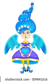 Pretty fairy, princess, doll in lilac beautiful dress with blue wings. Vector illustration