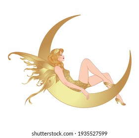 Pretty fairy sitting on vintage paper crescent moon. Flapper girl. Retro party invitation design. Vector illustration. Beaty in art deco style. Retro fashion: glamour lady of twenties.