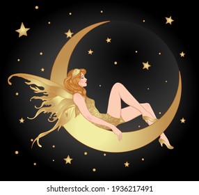 Pretty fairy sitting on vintage paper crescent moon. Flapper girl. Retro party invitation design. Vector illustration. Beaty in art deco style. Retro fashion: glamour lady of twenties.