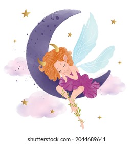 Pretty fairy sleeps on the moon, watercolor vector illustration, graphic for kid posters, wallpapers, textile artworks