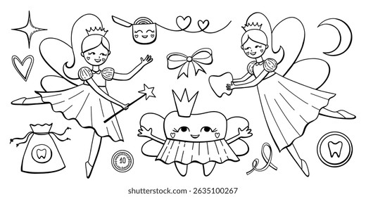 Pretty fairy tooth character vector set. Cute flying girls and smiling tooth in line art for child dental design. Kids dental coloring page template