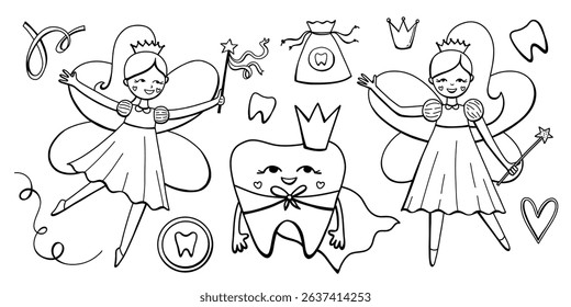 Pretty fairy tooth character vector set. Cute flying girls and smiling tooth in line art for child dental design. Kids dental coloring page template for boy
