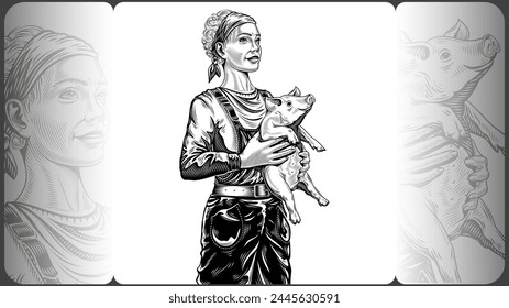 Pretty farmer woman holding happy baby pig in arms. Girl takes care of a piglet. Agricultural pig breeding and farming. Vector hand drawn retro illustration in the hatched engraved ink line art style