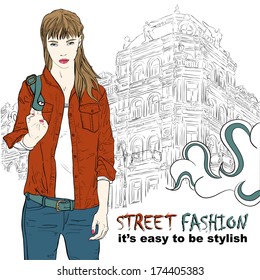 Pretty fashion girl in jacket on the street vector illustration