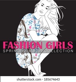 Pretty fashion girl in sketch style. Vector illustration.