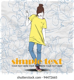 Pretty fashion girl in sketch-style on a floral background .Vector illustration.