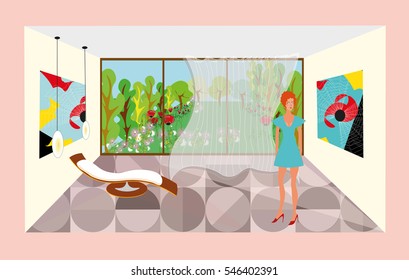 Pretty fashion girl standing in fashionable interior of minimalistic room with abstract pictures on walls, designer armchair and with french window covered with curtains and looking at blooming garden