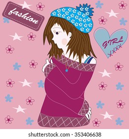 pretty fashion girl with stars and flowers vector illustration